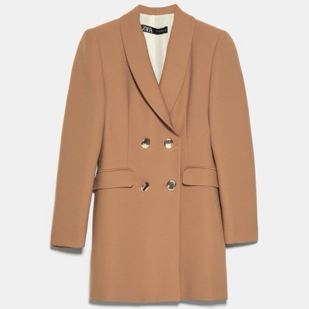 Zara Tan Double-Breasted Blazer with Notched Lapels